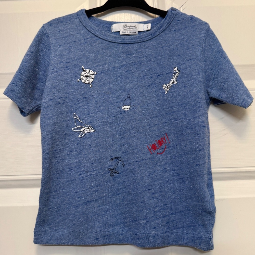 Bonpoint Kids T-Shirt 18m Blue Embroidery Nautical Holiday Coastal French Luxury